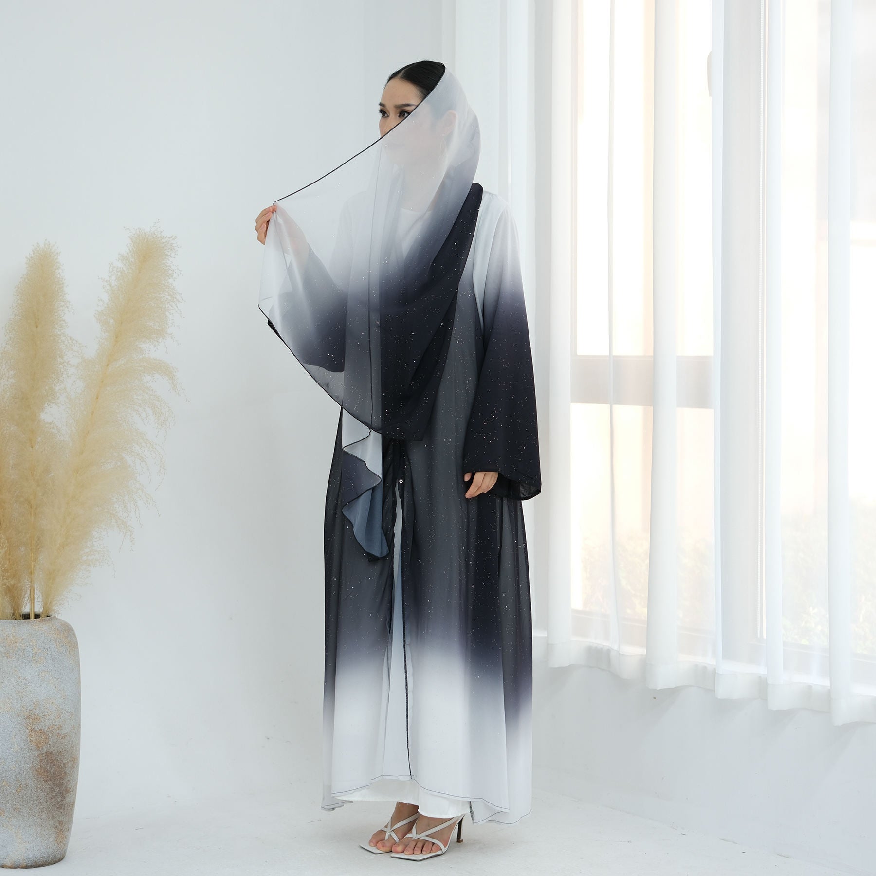1840#2024 New Ombre Gradient Color Hijab Abaya 2pcs Set Kaftan Abaya Women Muslim Dress