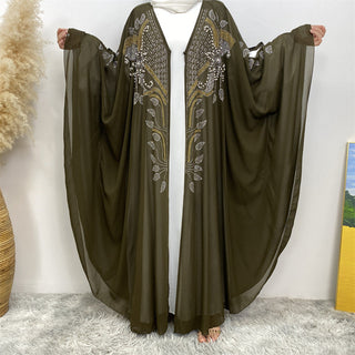 6743#Luxury New Rhinestone Chiffon Abaya Bead With Pearls Batwing Sleeves Classy Cardigan 的副本