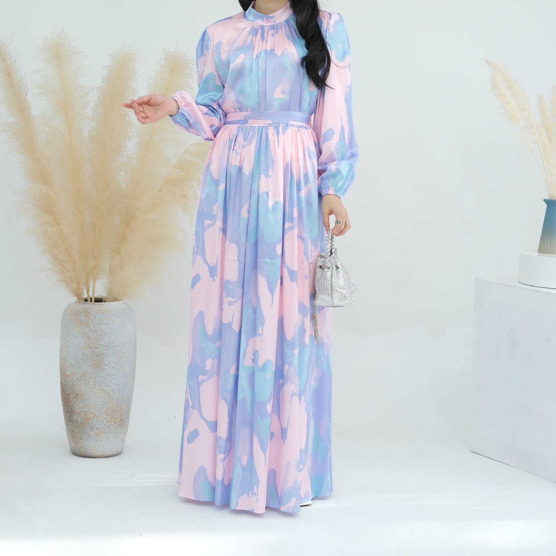 1723#New Style Printed Dress Muslim Ladies Abaya Summer Polyester Floral Dress