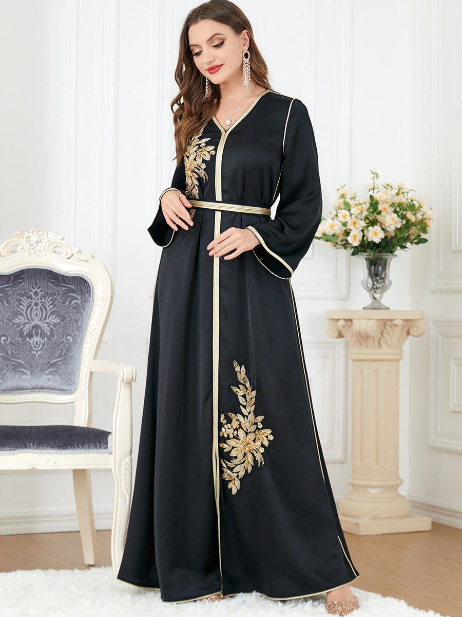 3277#Ribbon Jalabiya Moroccan Kaftan Arabic Muslim Black Dress