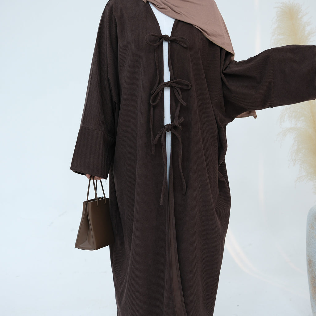 1927# Cutest Bow-Tie Front Open Corduroy Abaya Fall Winter Butterfly Cardigan Kimono Abaya