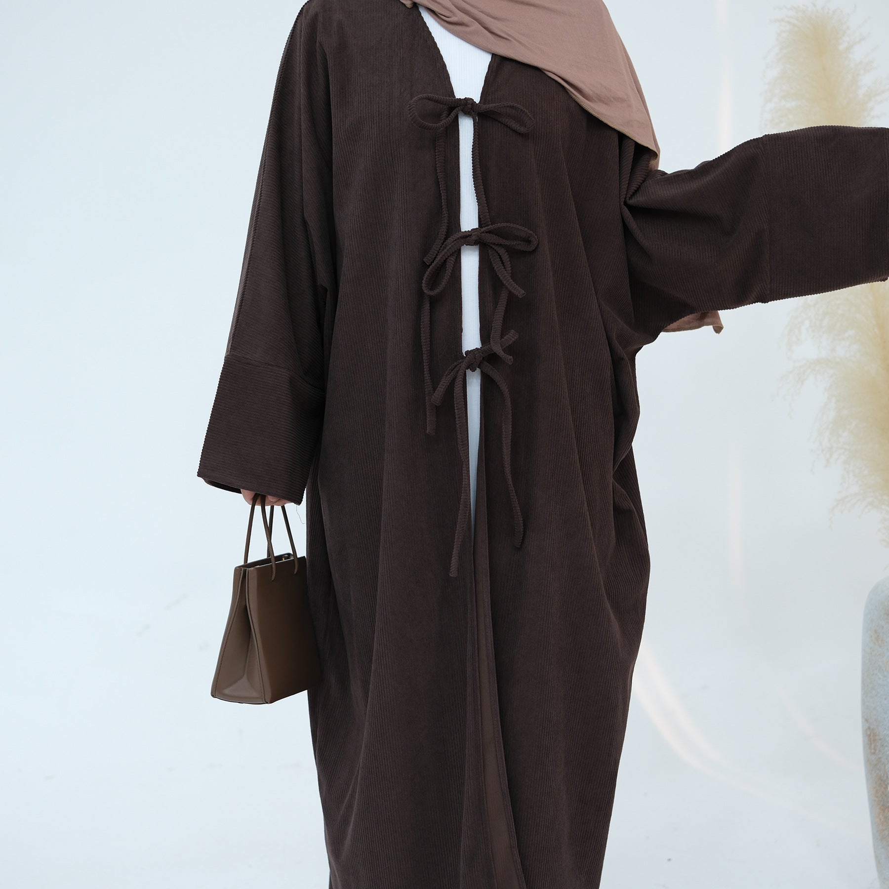 1927# Cutest Bow-Tie Front Open Corduroy Abaya Fall Winter Butterfly Cardigan Kimono Abaya