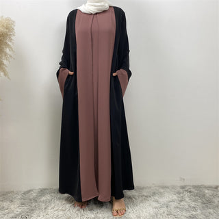 6780#Basic style flared sleeve closed  2 Pieces Dress abaya with pockets muslim women