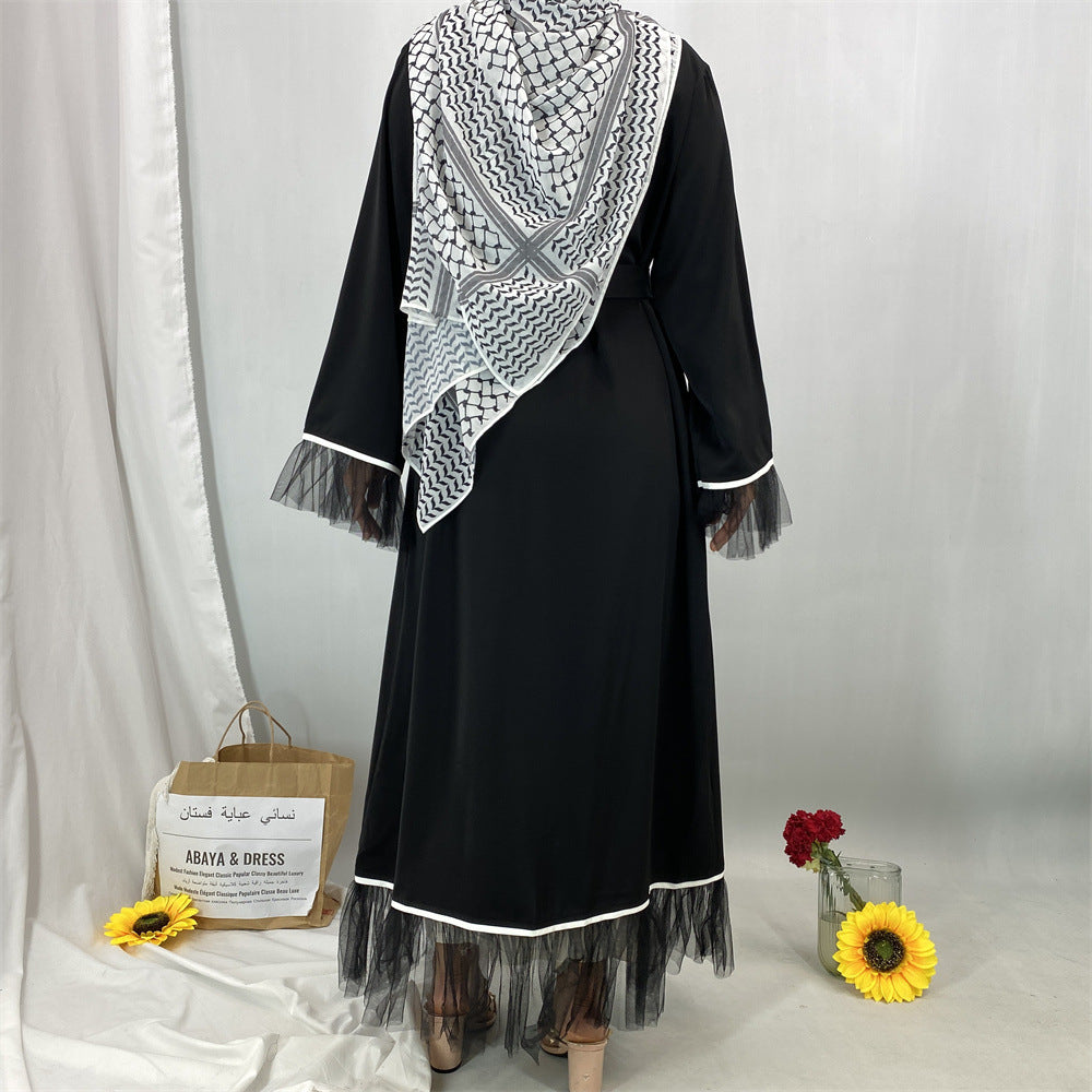 1466#Long Sleeve Elegant Women Solid Color Mesh Black Open Abaya with White Piping