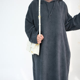 1890#Casual Cordury Hoodie Abaya Loose  Muslim Women Dress with Pockets Daily Wear Winter Abaya