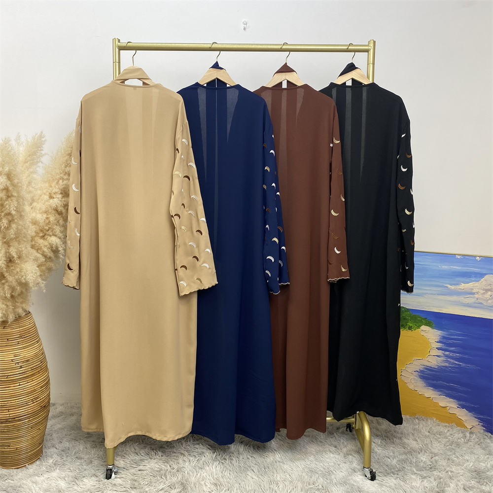 2002# Ramadan New Crepe Abaya Set Gold Border Pretty Moon Embroidery With Pockets