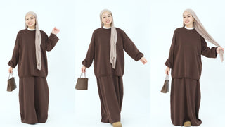 1928#Knit Fabric Solid Color Women's Dress Islamic Clothing Sweater Skirt Set 2pcs Winter Set Abaya