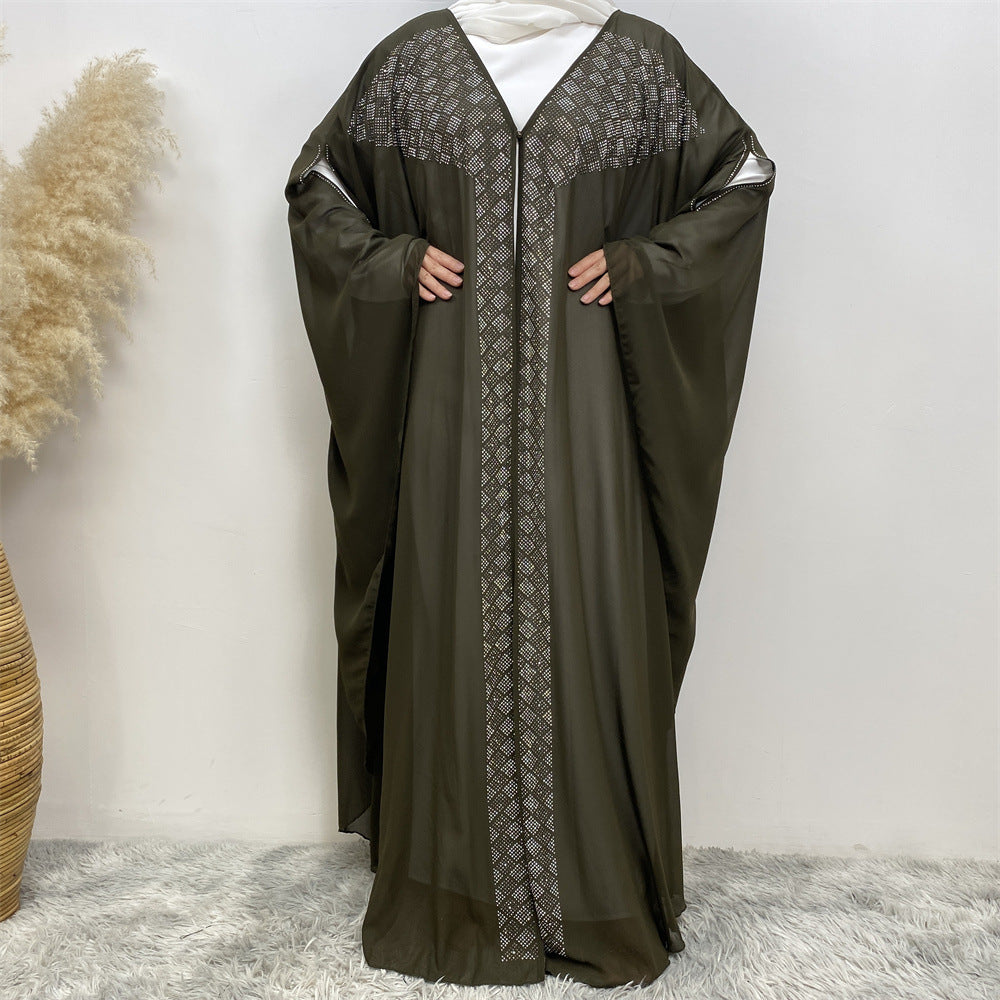 6739# Luxury Rhinestone Chiffon Abaya Hot Drilling Bead With Pearls Classy Cardigan