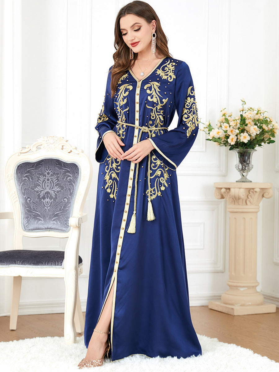 3299#Modest Muslim Turkey Arabic Dubai Diamond Ribbon V Neck Bead Maxi Dress