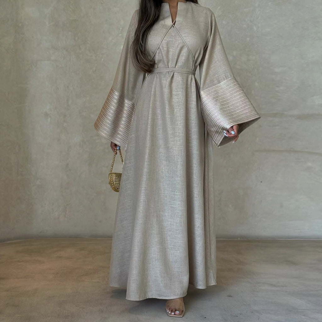 Daily Wear Linen Modest Dresses V Neck Embroidery Sleeves Abaya Women Muslim Dress