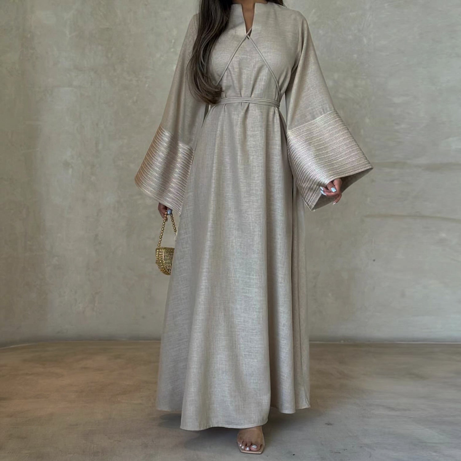 Daily Wear Linen Modest Dresses V Neck Embroidery Sleeves Abaya Women Muslim Dress