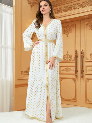 3194#White Dot Gold Stamp Dubai Arabic Moroccan Kaftan Maxi Muslim Dress