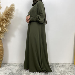 1693#Pleated Front Zipper Crew Neck Dress 9 Colors Muslim Dress