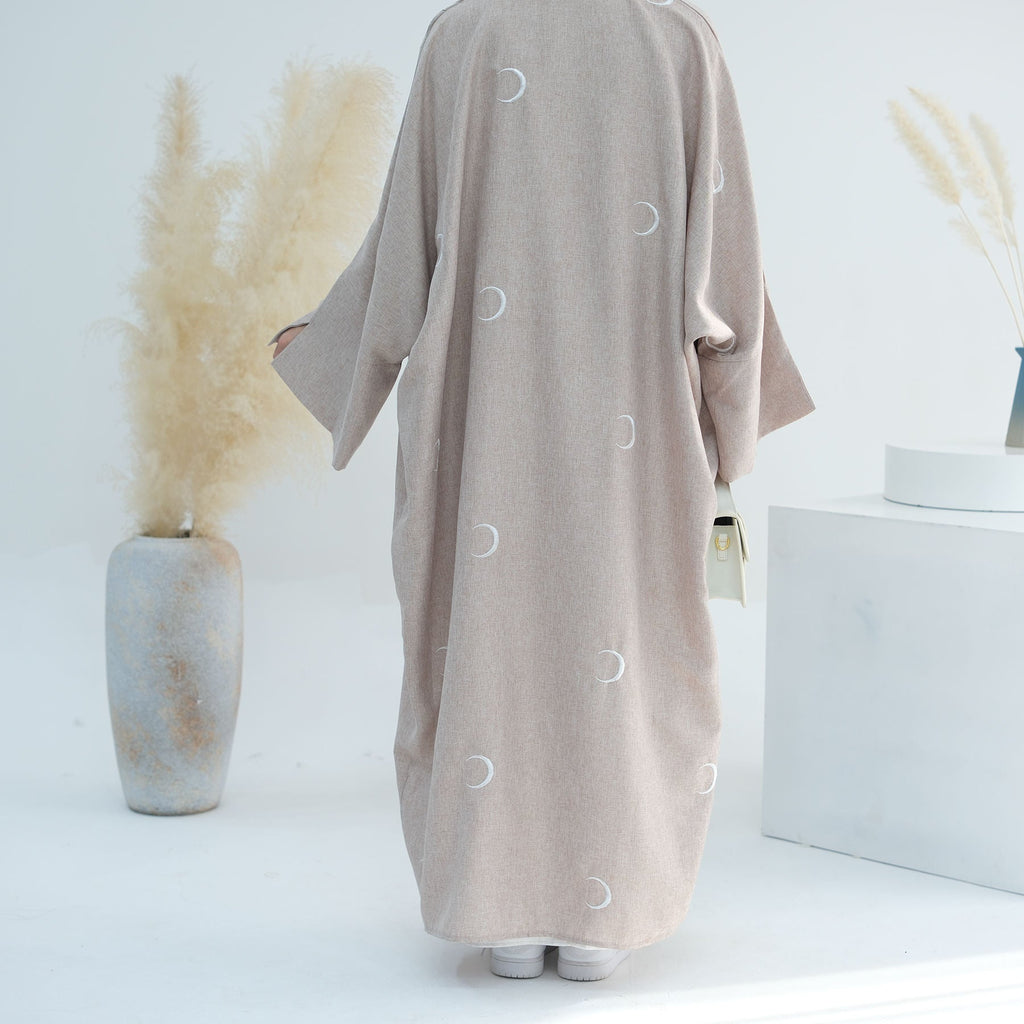 1700#Latest Muslim Women Moon Embroidery Open Abaya Islamic Clothing Dress