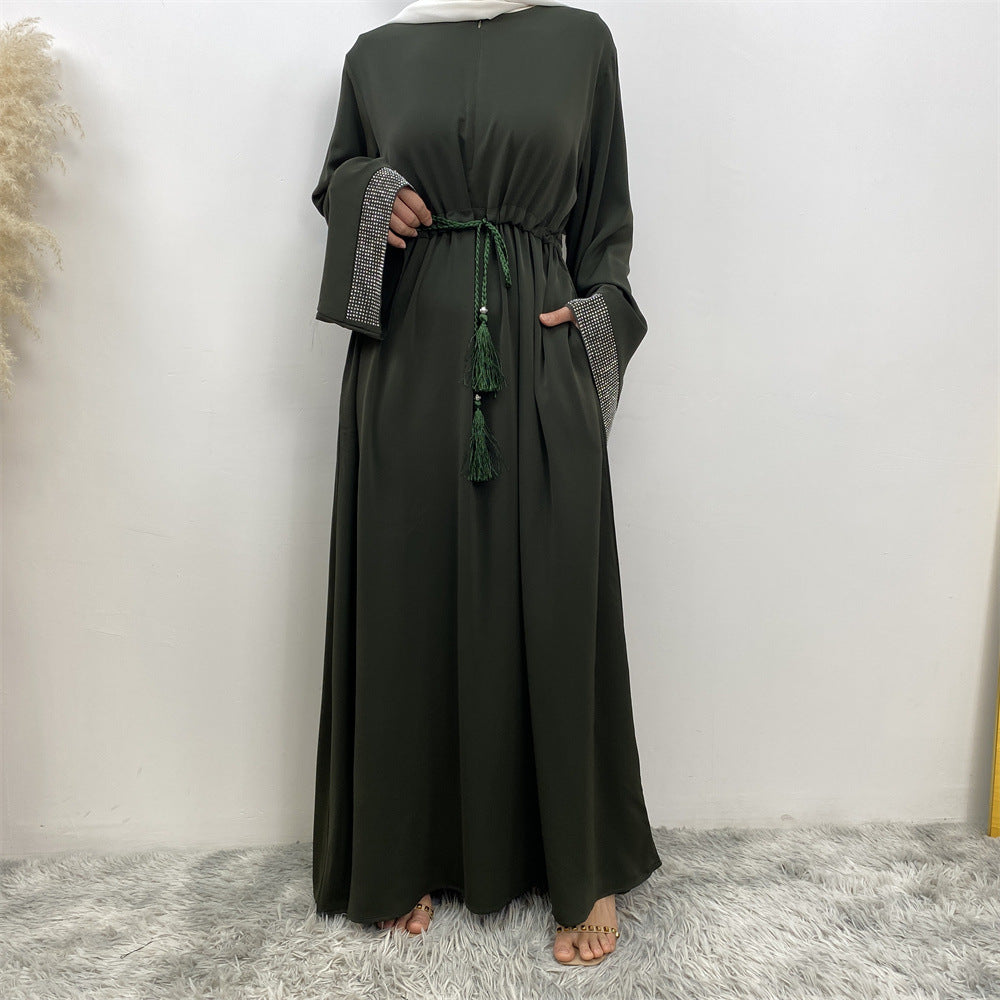 6758# Front zipper closed abaya dress loose cuff with rhinestone maxi dresses