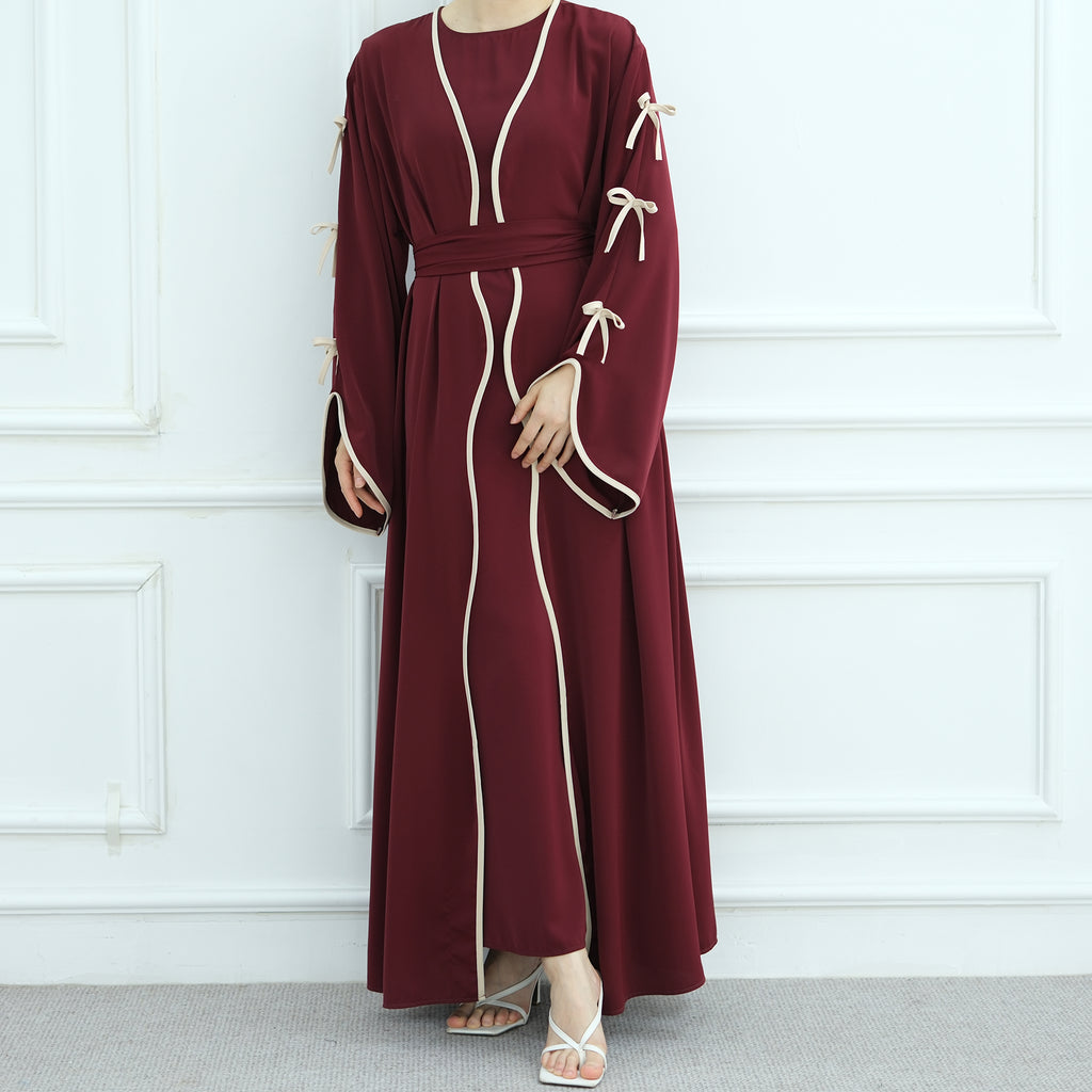 1962#Abaya Cardigan for Women Dubai Islamic Clothing with Nida Wave Bowknot Open Design for Summer Abaya