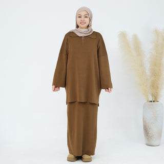 1929#Half Zipper Drop Shoulder Sweater Knit Muslim Women Two Pieces Set Oversized Tops Casual Fall Skirt Abaya Set