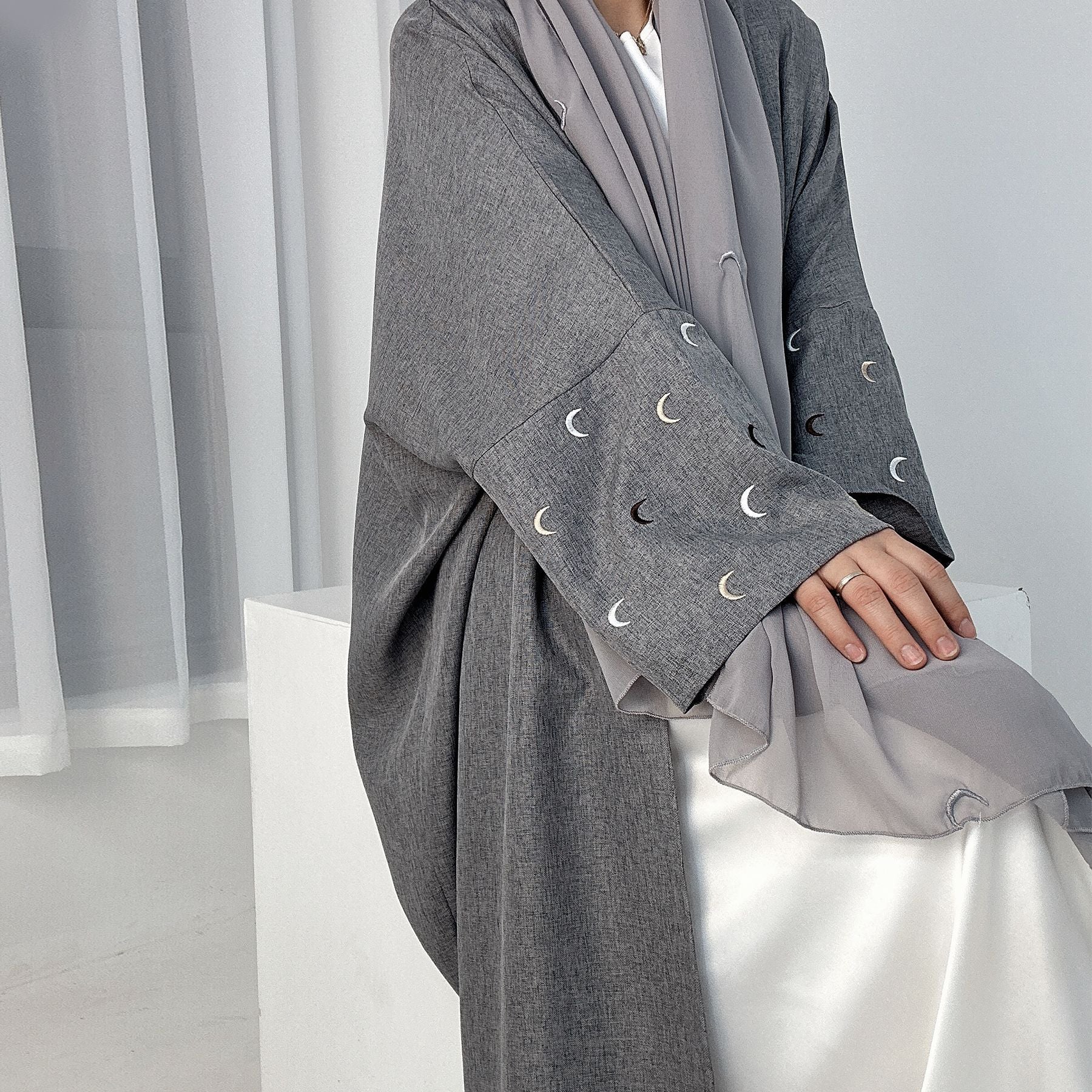 1664#New Arrival EID Linen Islamic Clothing Musulmane Moon Embroidery Women Kimono Cardigan Abaya