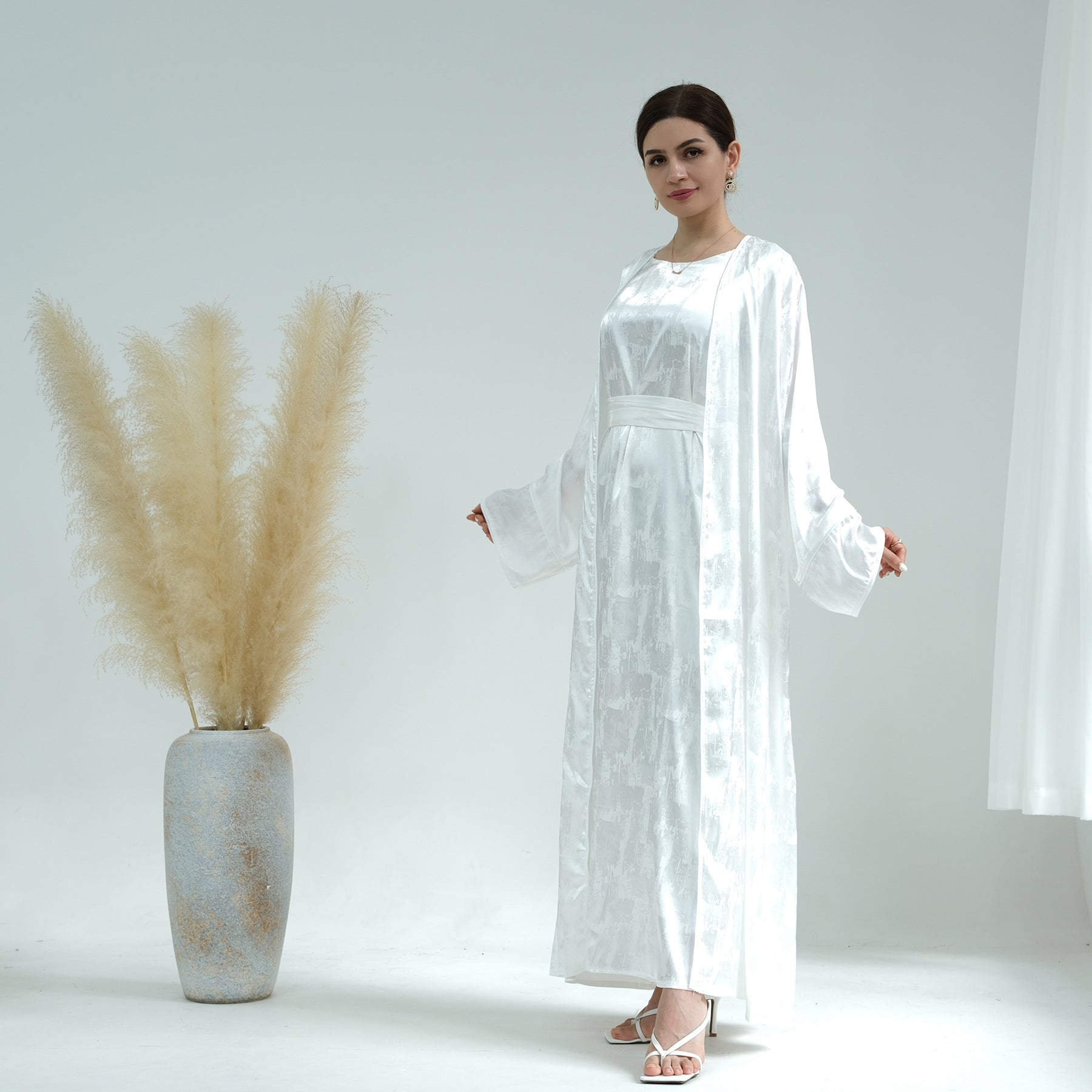1655#Luxury Muslim Clothing Unique Satin Slip Dress and Open Abaya Set 2 Piece Modest Abaya
