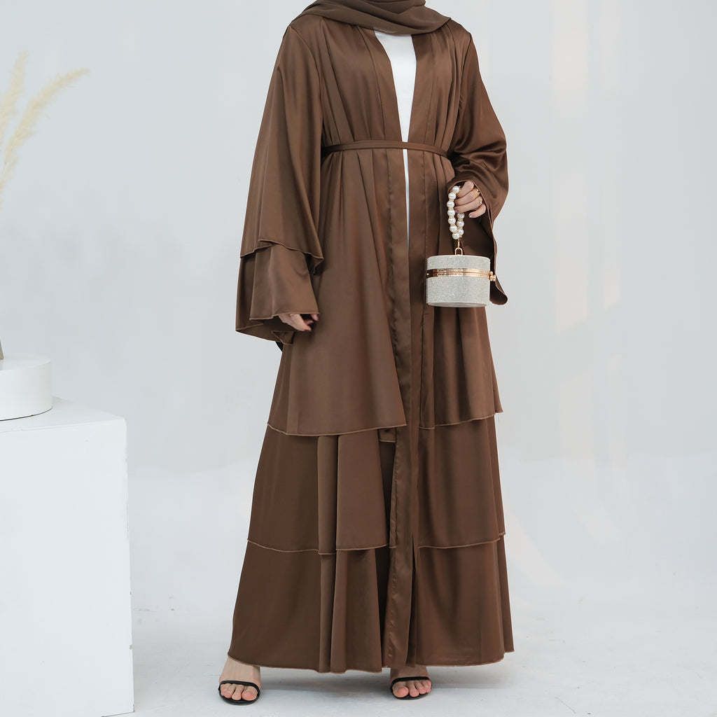 1706#2024 High Quality Satin Silk Open Abaya EID Dubai 3 Layers Abaya Islamic Clothing