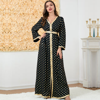 3194#White Dot Gold Stamp Dubai Arabic Moroccan Kaftan Maxi Muslim Dress