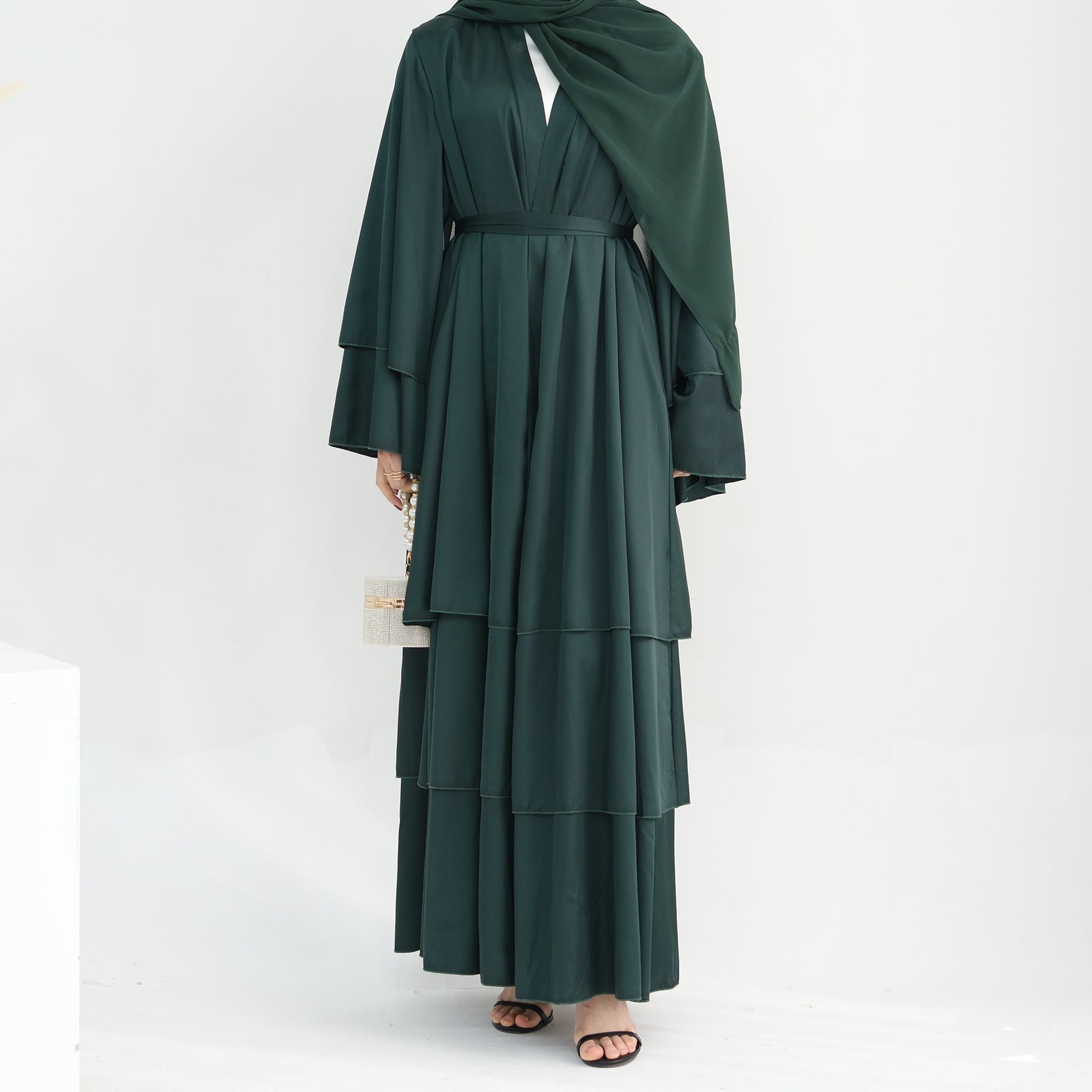 1706#2024 High Quality Satin Silk Open Abaya EID Dubai 3 Layers Abaya Islamic Clothing