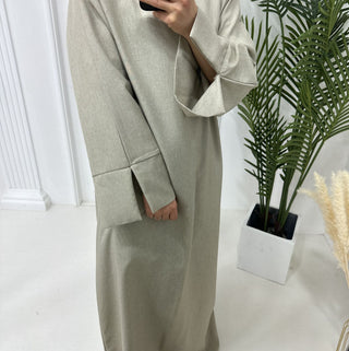 1715#Linen Abaya Slit Long Sleeves with Side Pockets and Back Zipper Women Casual Dress