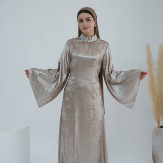 1777#New Modest Muslim Dress Long Sleeve Shinny Polyester Fashion Dubai Abaya Women Dress Elegant Islamic Clothing