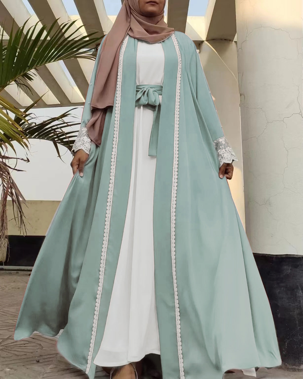 1405#Latest Eid Nida Material Flower Lace Border Classy Embroidery Women Open Abaya