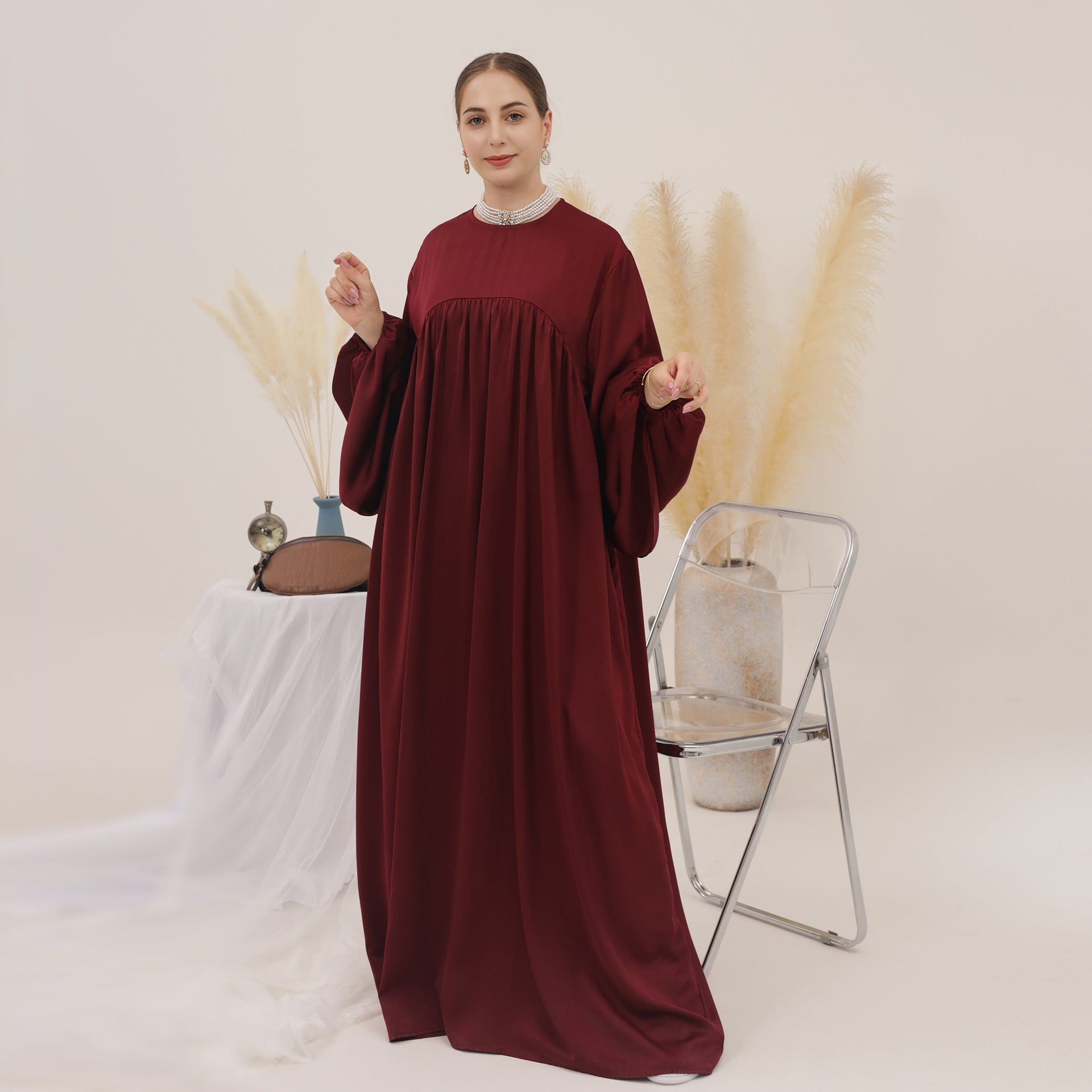 1592#High Quality Muslim Dress Puff Sleeve Soft Satin Plain Abaya