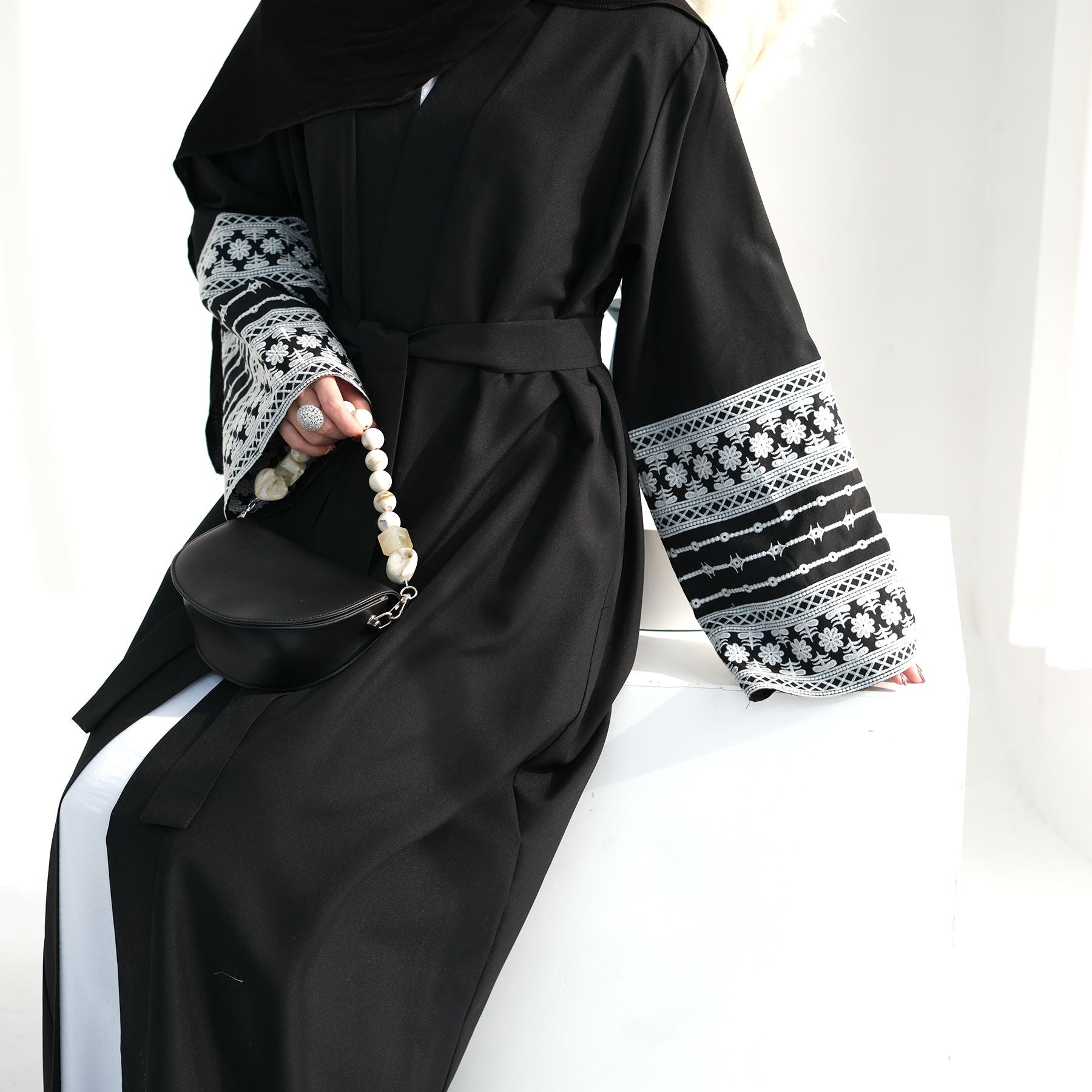 1701#2024 Ramadan Modest Black Abaya Linen Kimono Linen Abaya