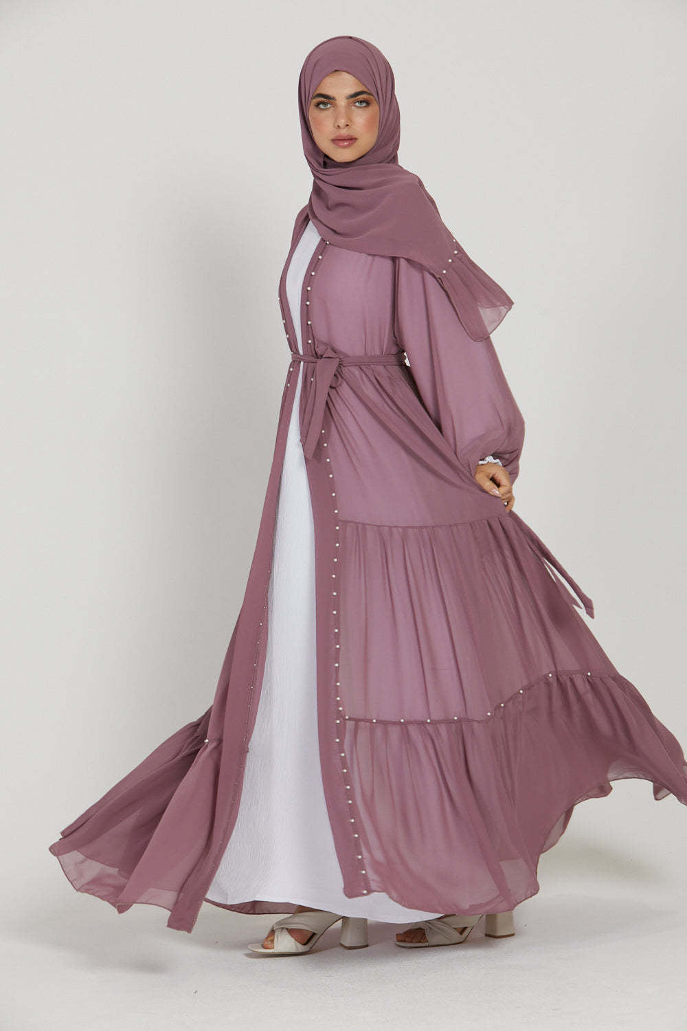 1964#Chiffon open abaya with white pearls tie belt long sleeves dubai abayas 5 colors 的副本