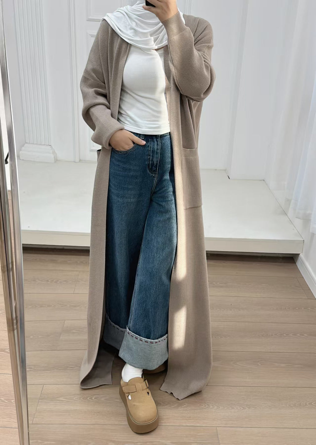 1906#Open Front Abaya with Pocket Thick Islamic Clothing Winter Cardigan Dress EID Ramadan Muslim Knitted Abaya