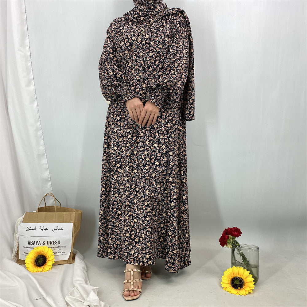 6847#Floral Printed One Piece Tradition Prayer Abaya Robe with Attached Hijab