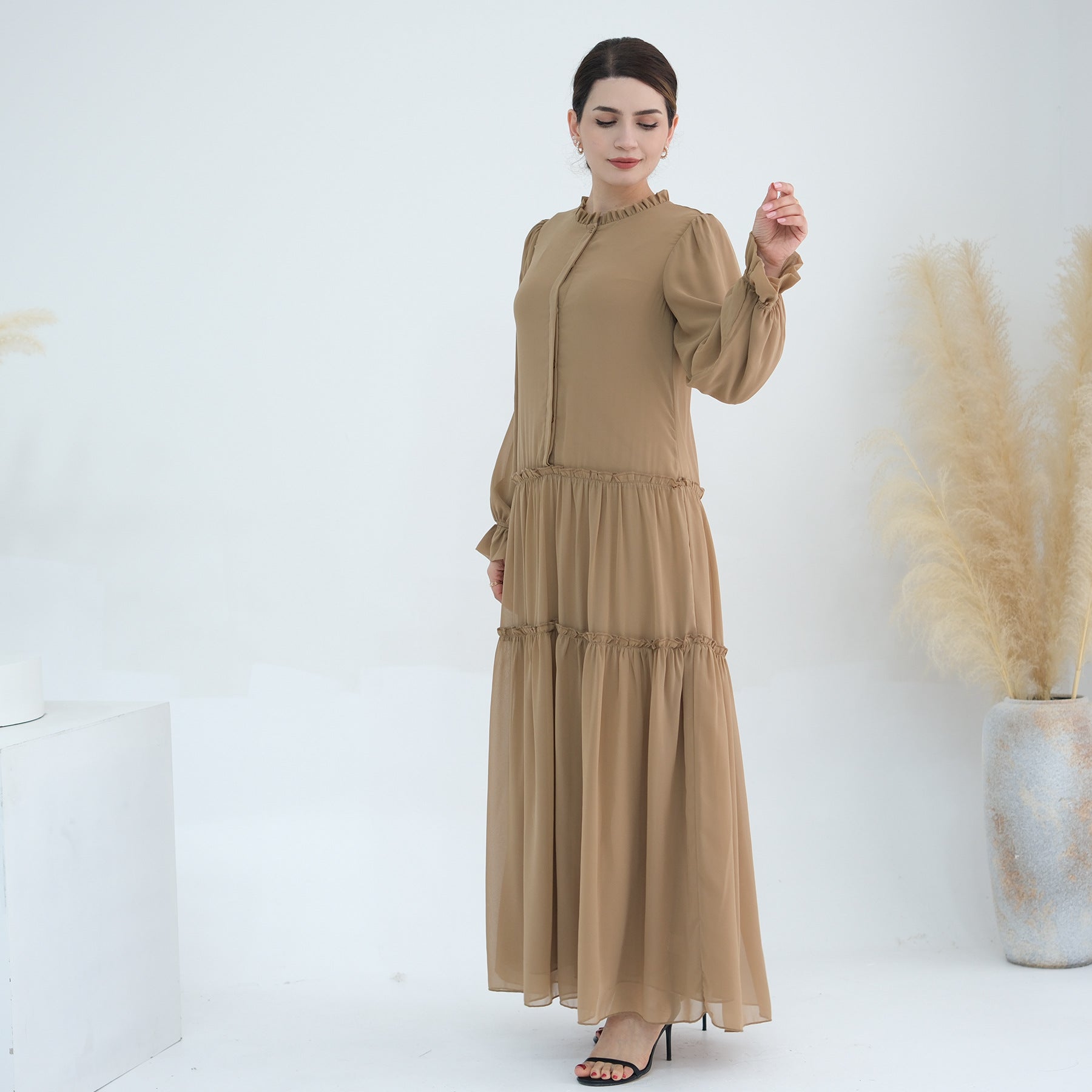 1754#2024 Solid Color Layered Chiffon Elegant Dress with Front Buttons and Lining