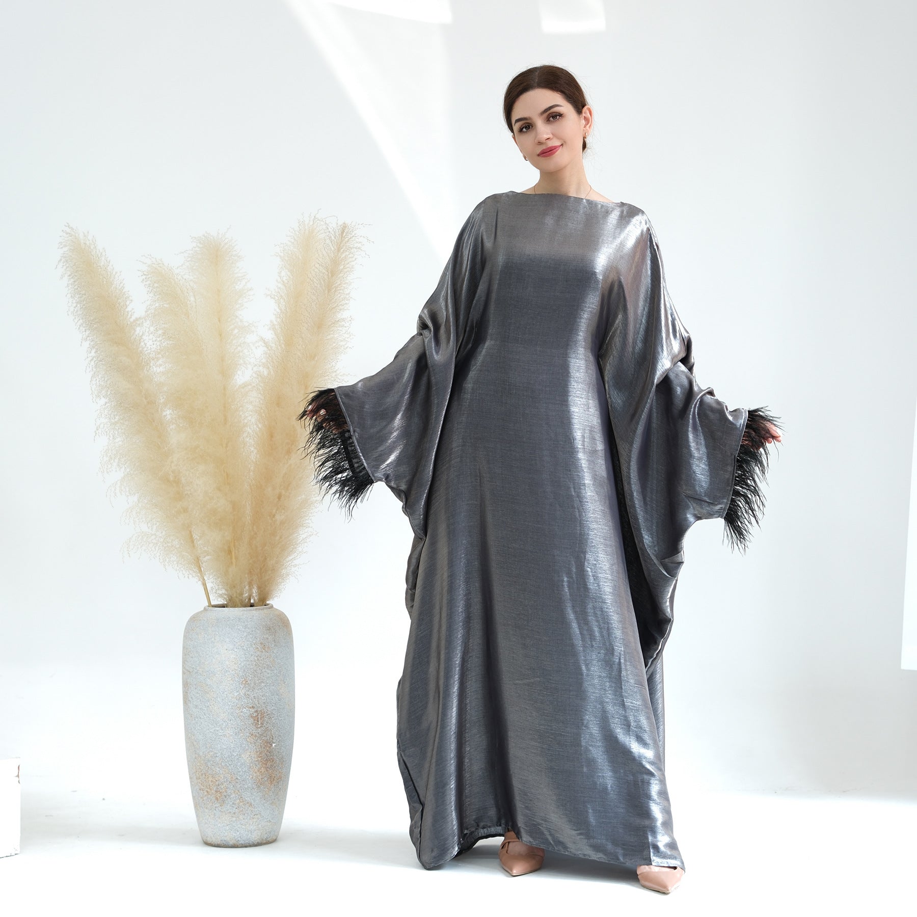 1648#Feather Closed Abayas Women Muslim Dress Turkey Dubai Abaya Modest Dress