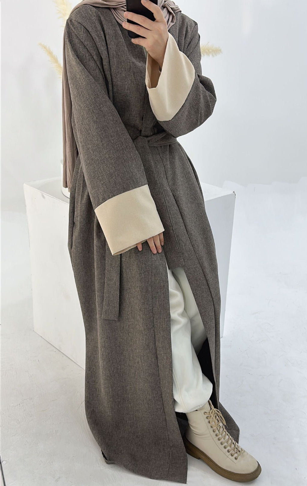 1744#2024 Latest Islamic Clothing Color-blocked Sleeves Linen Cardigan Open Abaya
