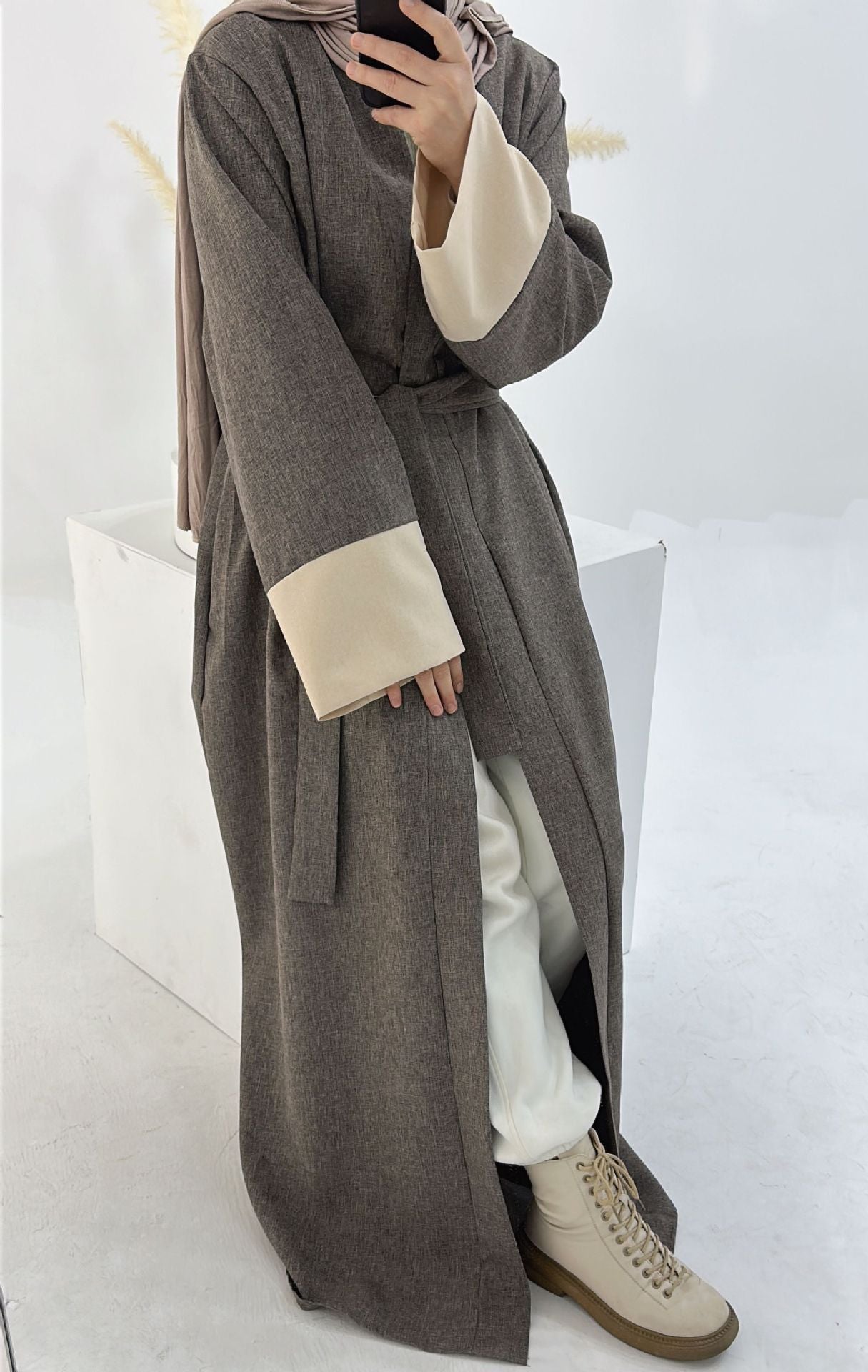 1744#2024 Latest Islamic Clothing Color-blocked Sleeves Linen Cardigan Open Abaya