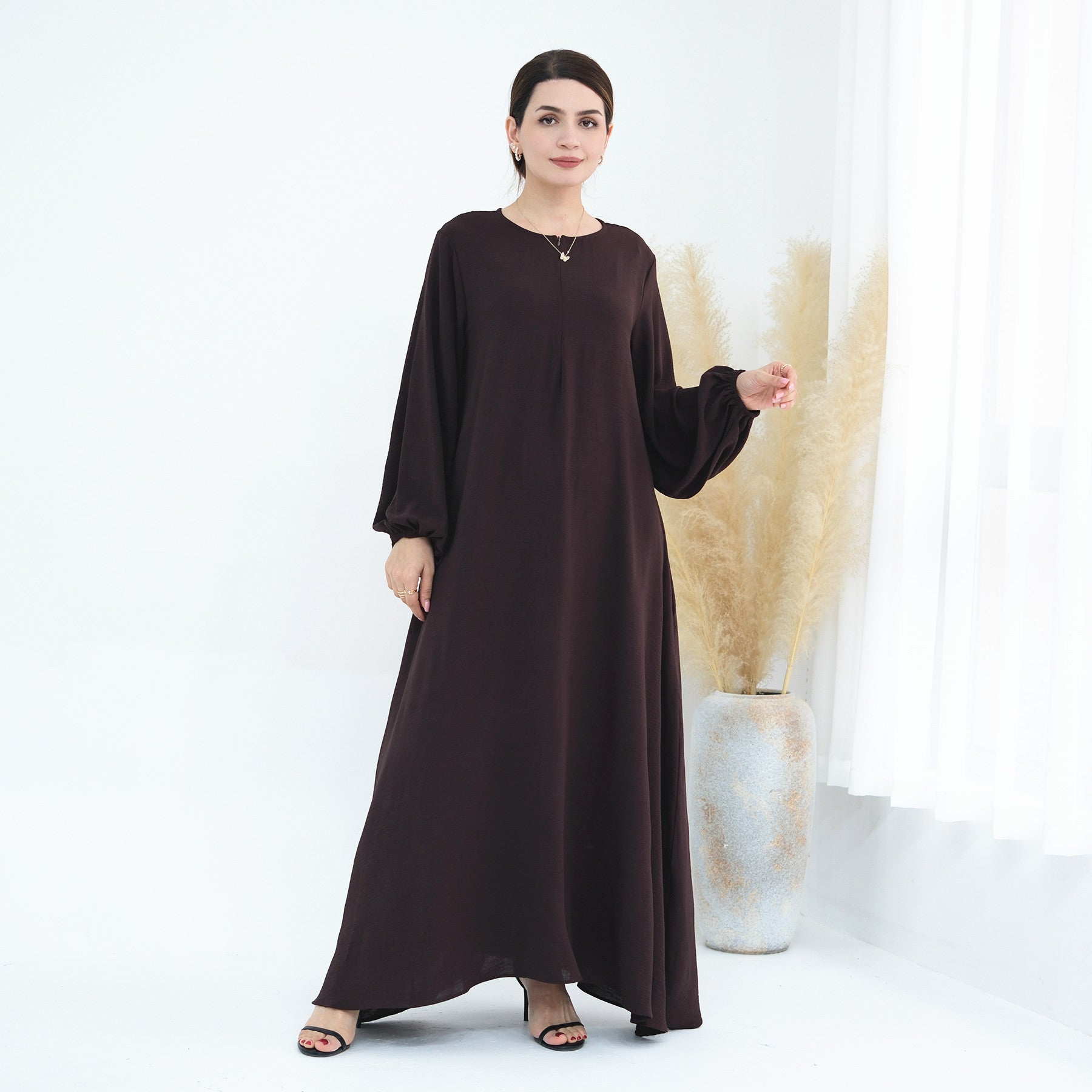 1708#2024 Modest Dresses Solid Color with Front Zipper Women Islamic Clothing