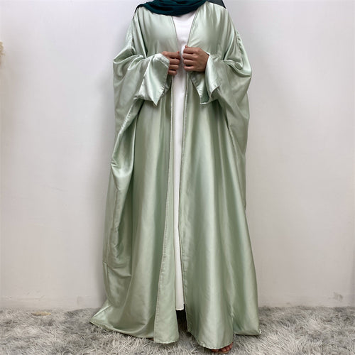 1427#New Arrival Muslim Women Silver Diamond Cardigan Islamic Clothing Light Shiny Satin Silk Abaya With Split Cuff