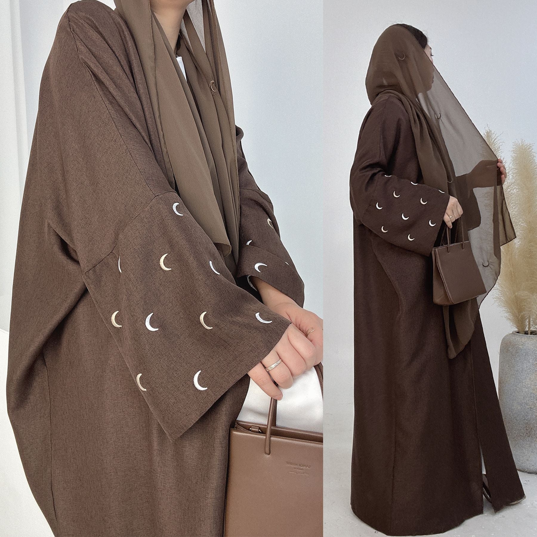 1664#New Arrival EID Linen Islamic Clothing Musulmane Moon Embroidery Women Kimono Cardigan Abaya