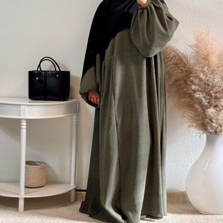 1919#New Winter Abaya Round Neck Balloon Sleeves Solid Color Cordury Closed Abaya Women Dresses