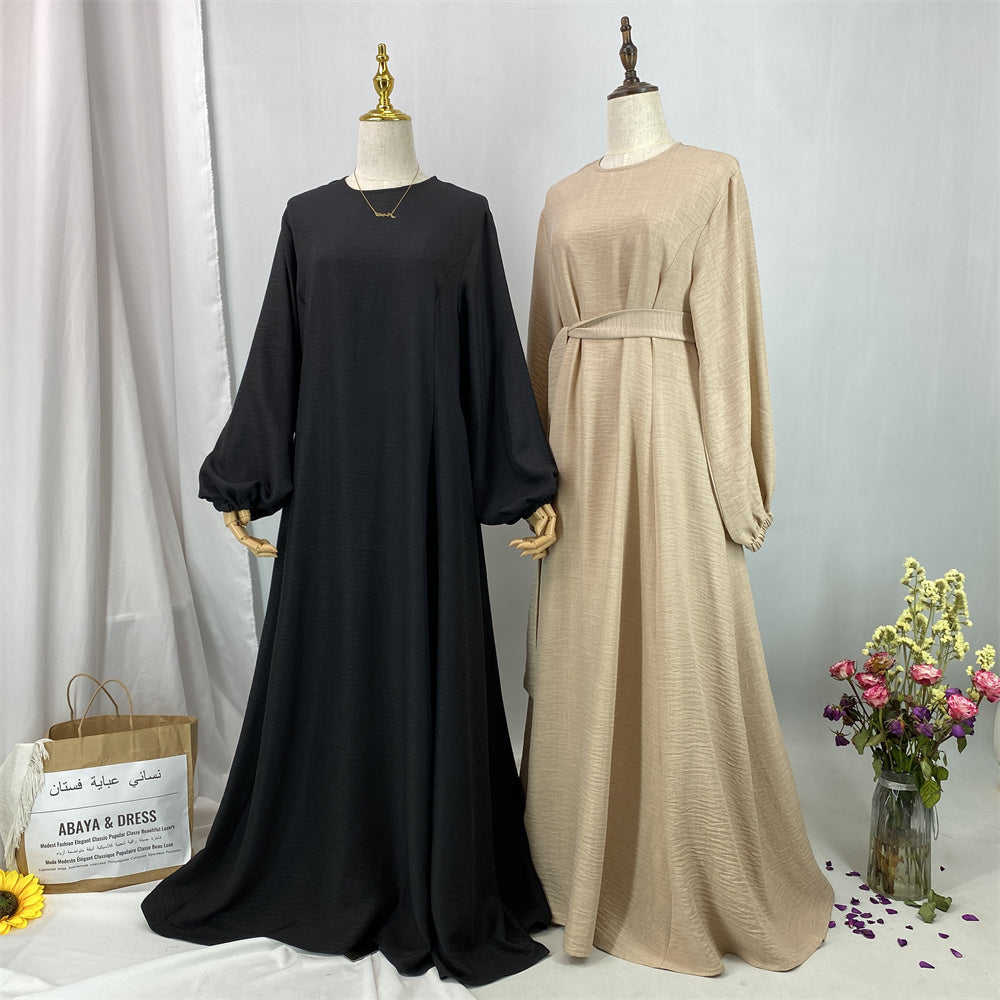 6840#New Linen Summer Abaya Dress Islamic Clothing for Dubai Turkish Muslim Women with Long Sleeve and Side Pockets