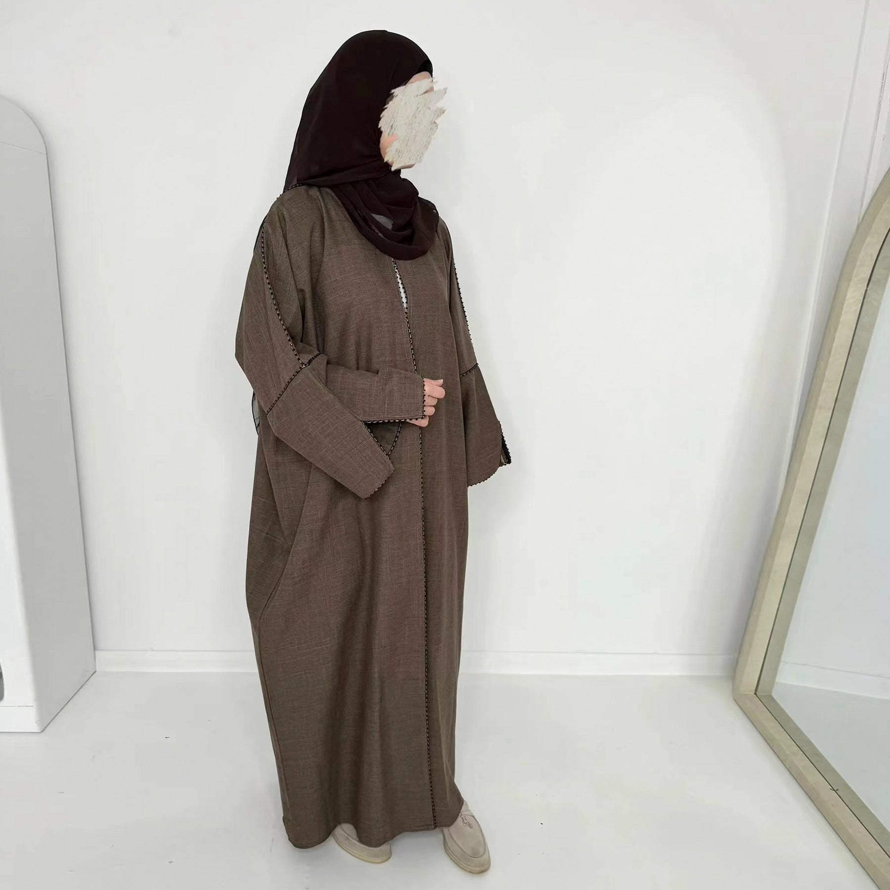 1849# EID Ramadan Modest Dubai Abaya Women Muslim Dress Slit Sleeves Linen Polyester Cardigan Abaya