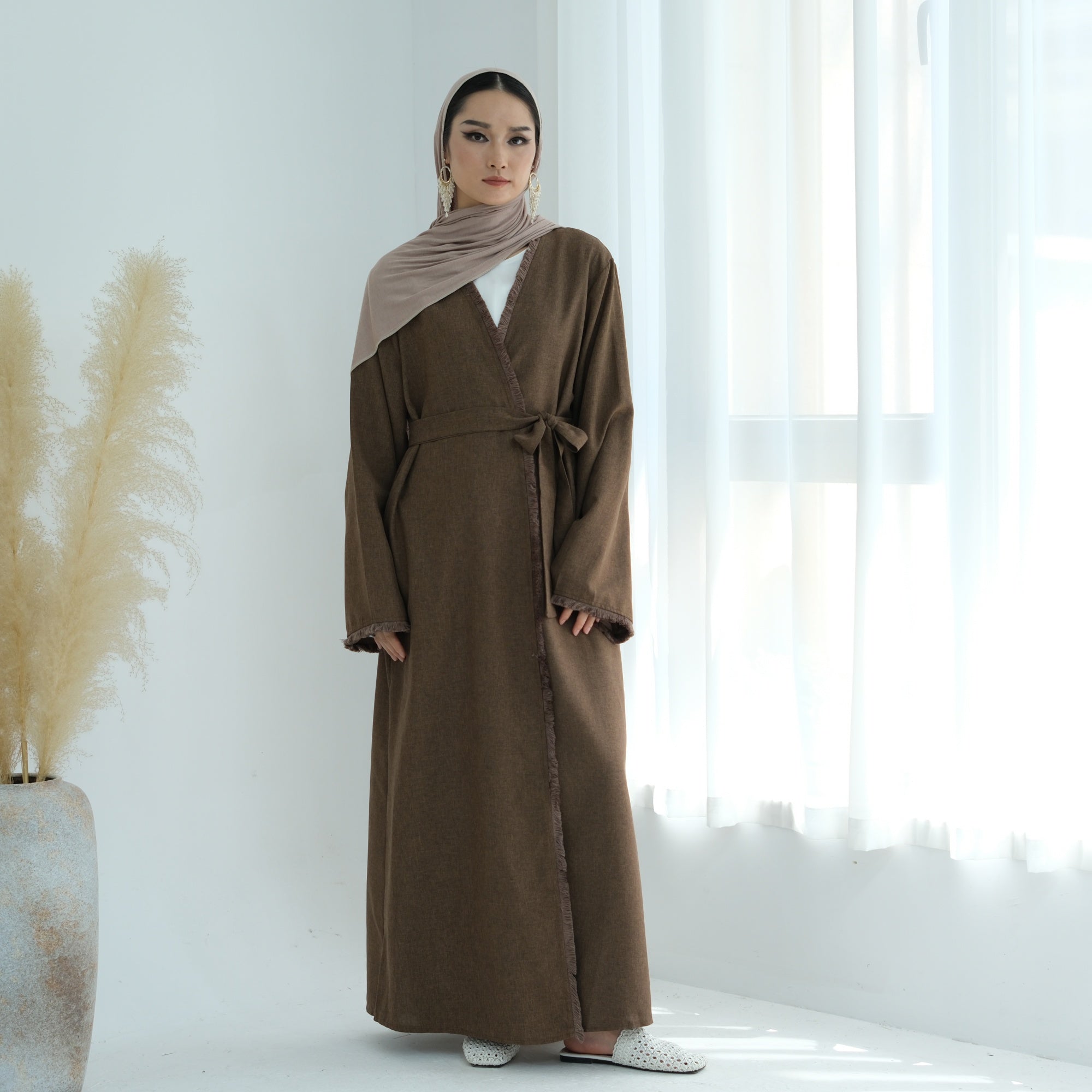 1865# Ethnic Clothing Polyester Linen Open Abaya with Tassel Modest Kimono Wholesale Abaya