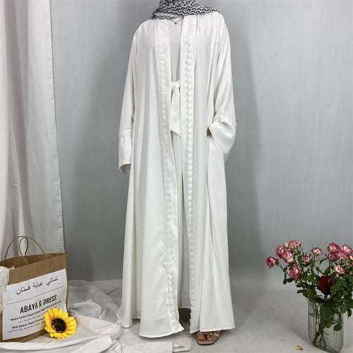1461#New Arrival Elegant Nida Open Abaya with Matching Floral Lace and Pockets