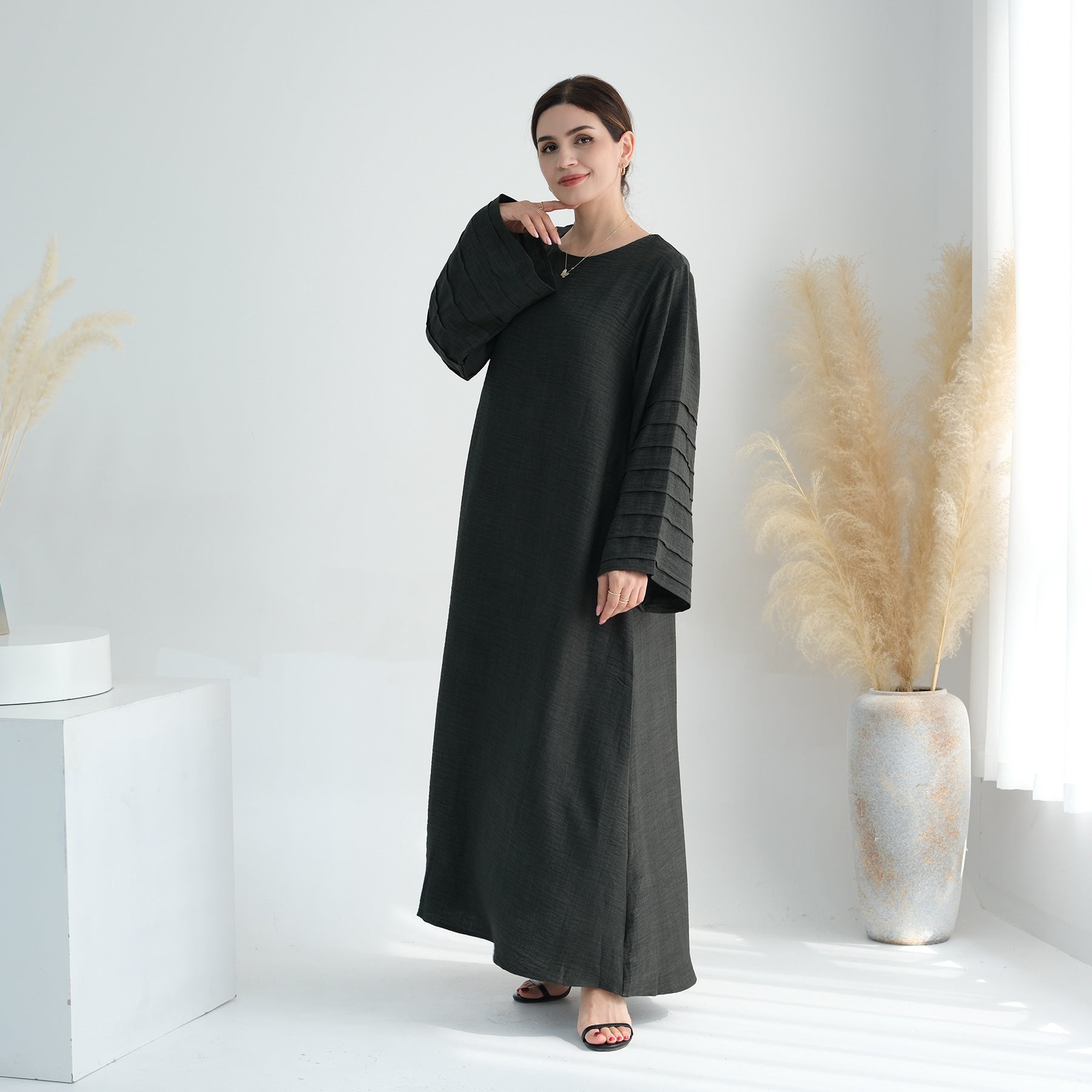 1725#Modest Abaya Simple Linen Closed Abaya Women Muslim Dress Islamic Clothing