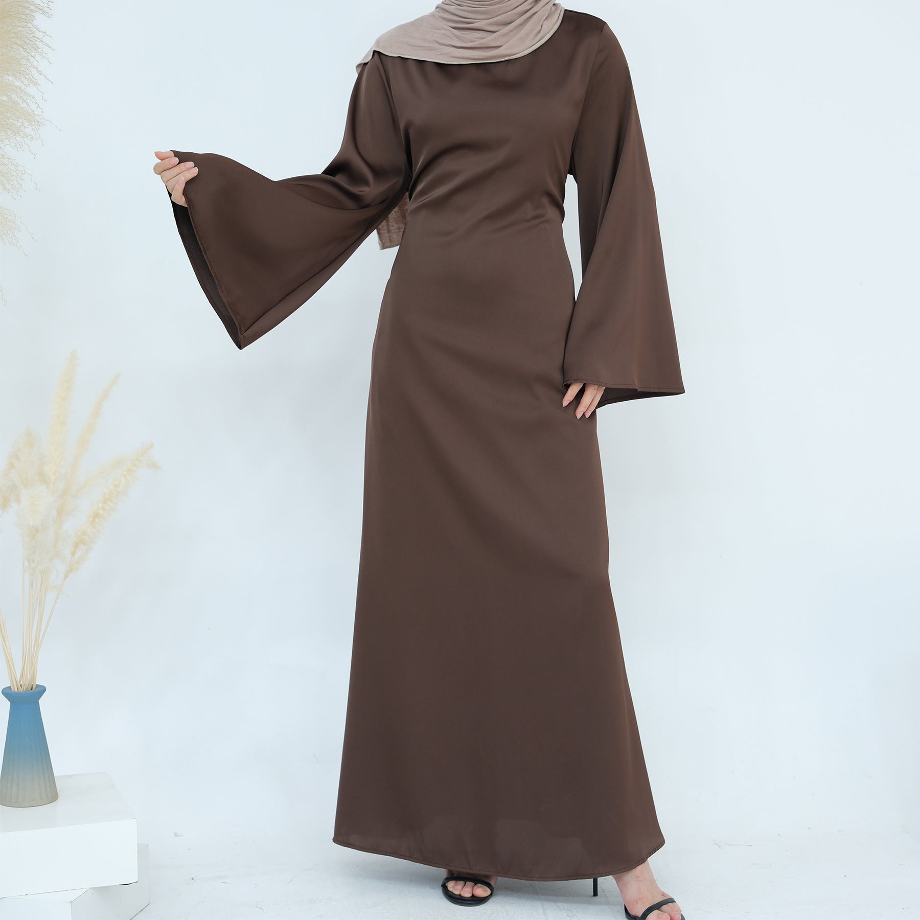1860# Plain Silk Abaya Muslim Women Dress Islamic Clothing Modest Dresses with Adjustable Belt