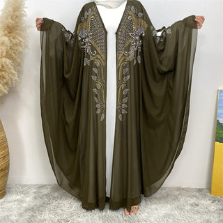 6743#Luxury New Rhinestone Chiffon Abaya Bead With Pearls Batwing Sleeves Classy Cardigan