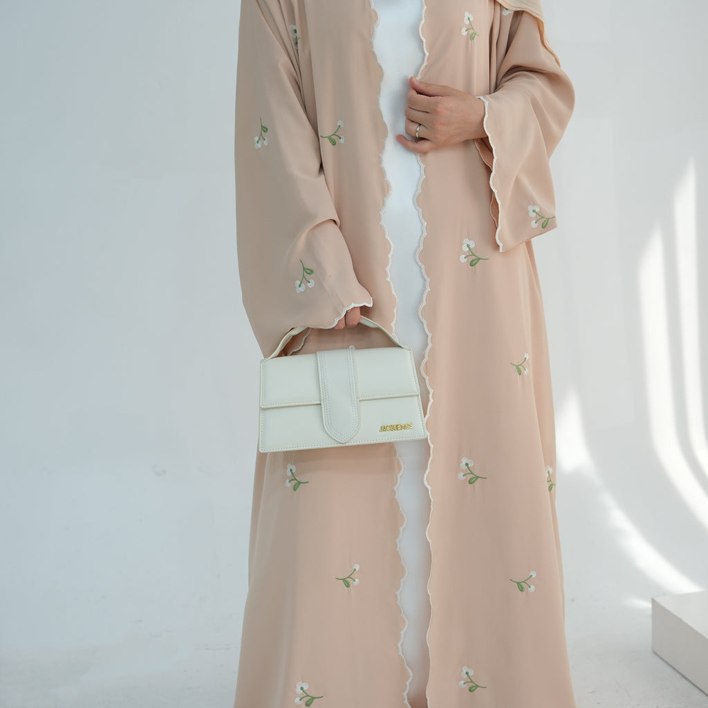 1881#Nida All Over Flower Embroidery Cardigan Modest Open Abaya Women Muslim Dress